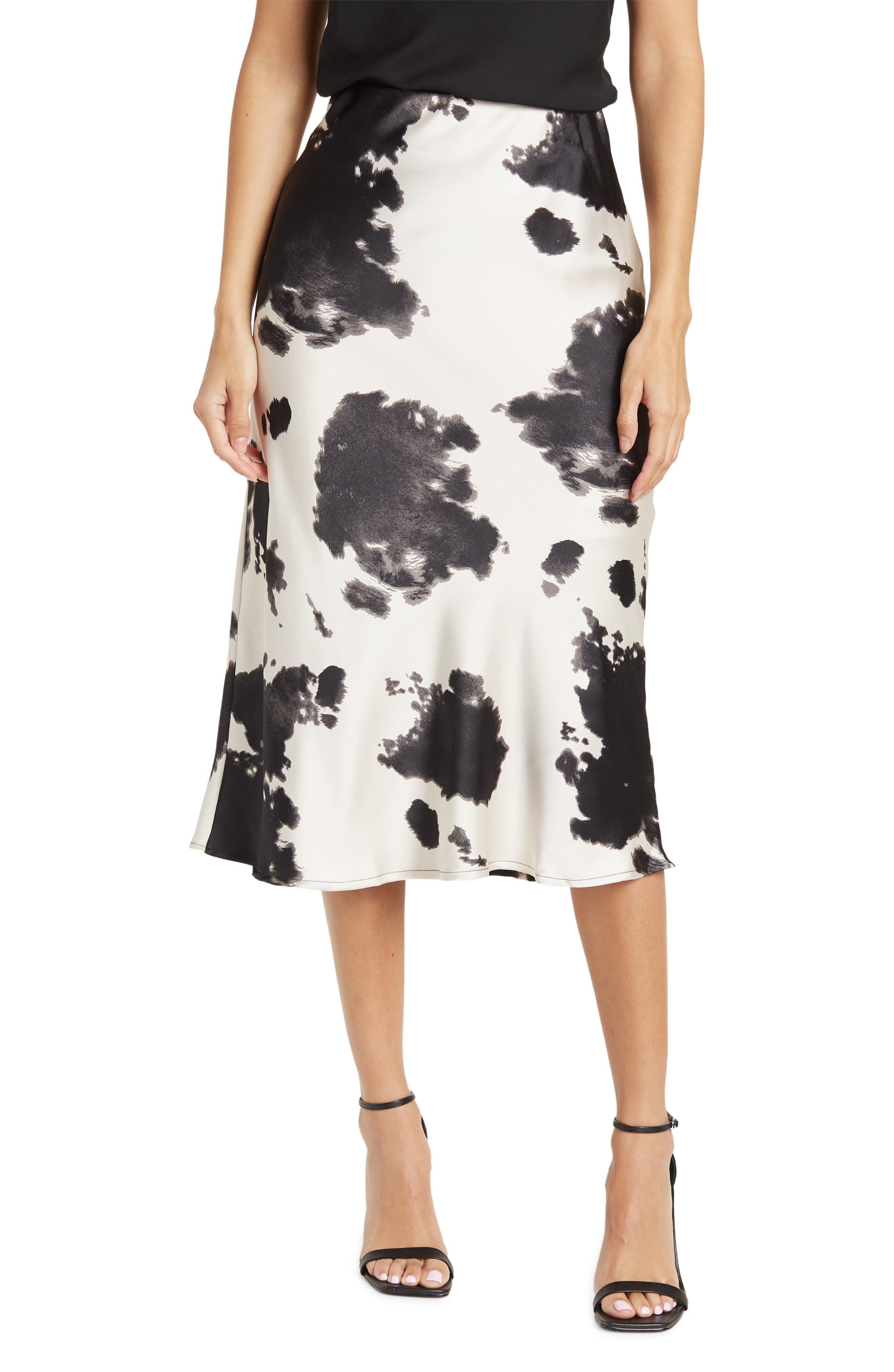 Renee C Satin Cow Print Midi Skirt