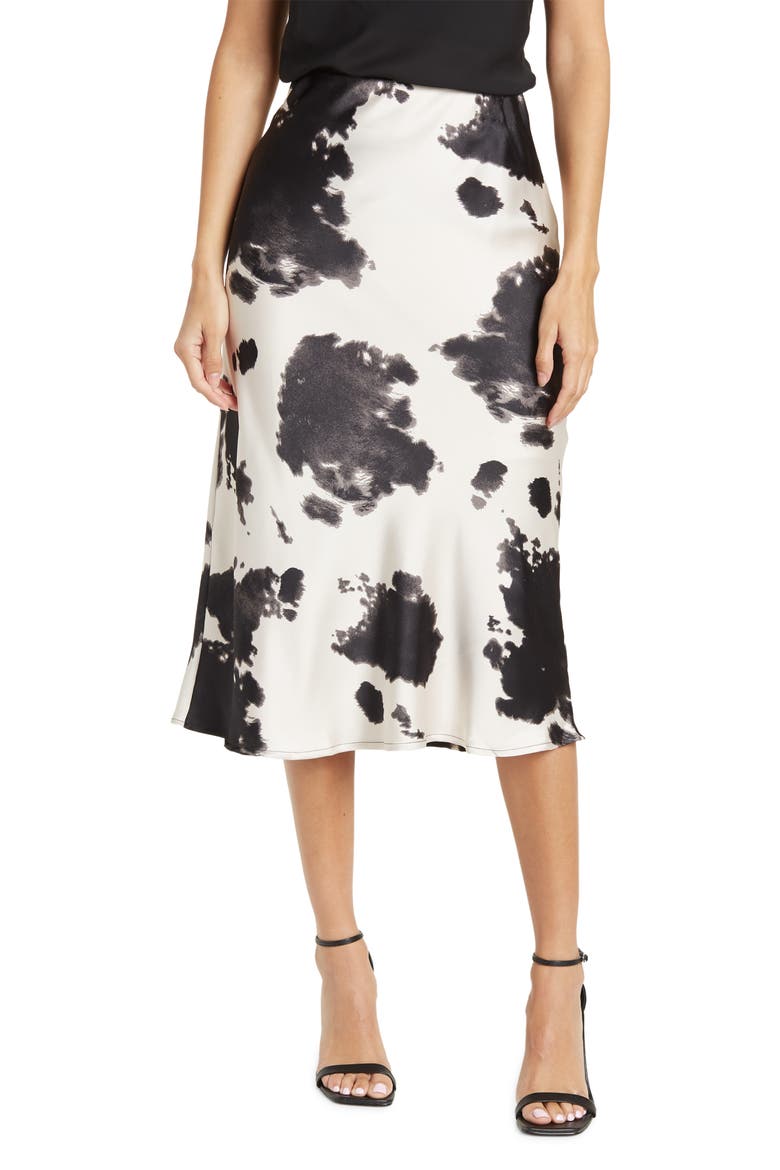 Satin Cow Print Midi Skirt, Main, color, BLACK