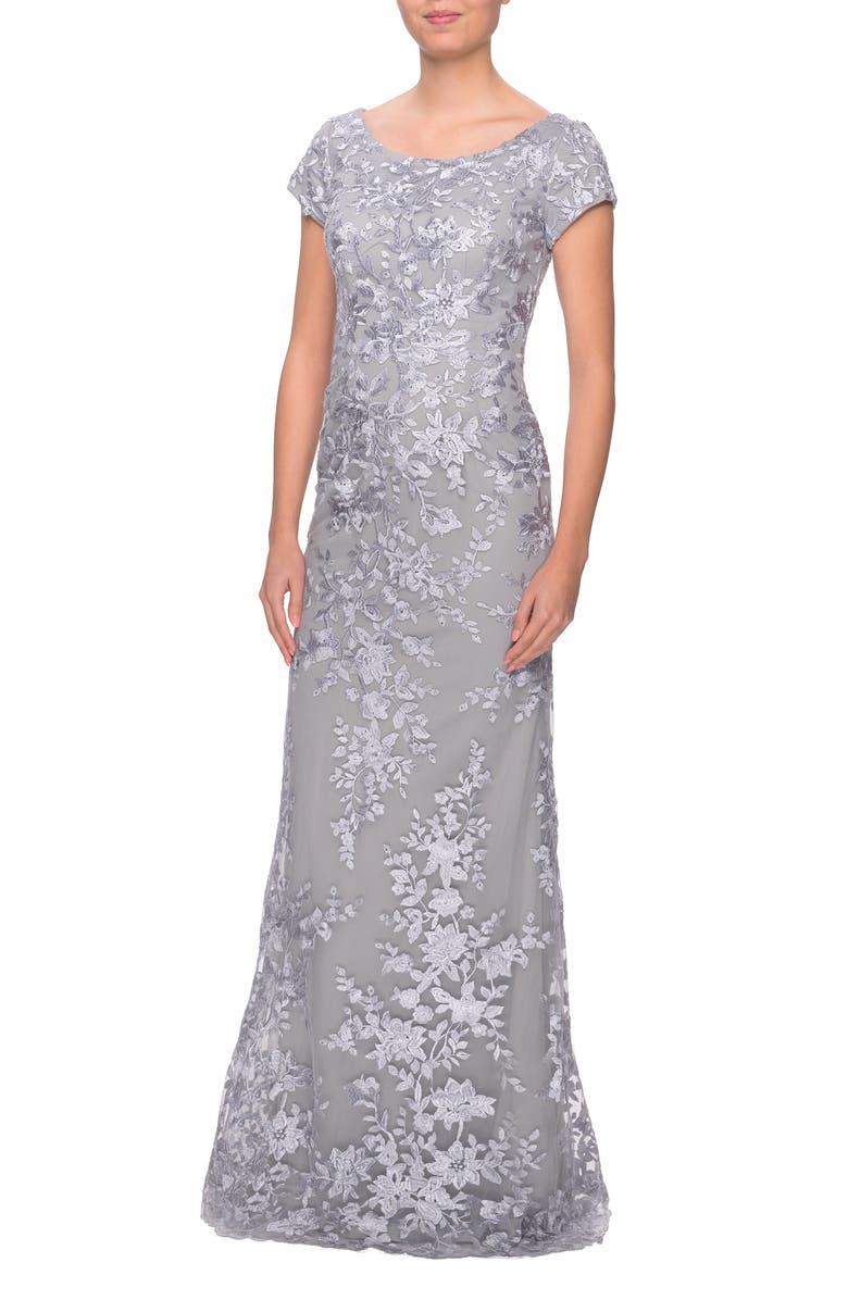 La Femme Lace A-Line Gown, Alternate, color, 