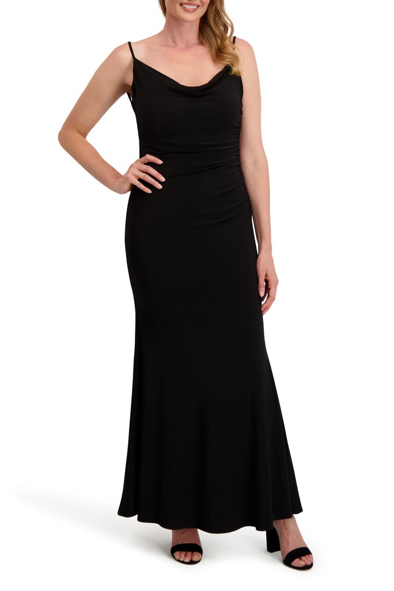 Cowl Neck Lace Back Mermaid Gown, Main, color, BLACK