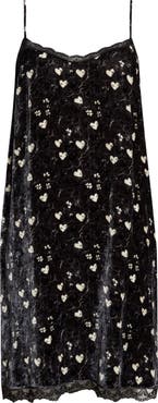 R13 Heart Print Lace Trim Crushed Velvet Slipdress