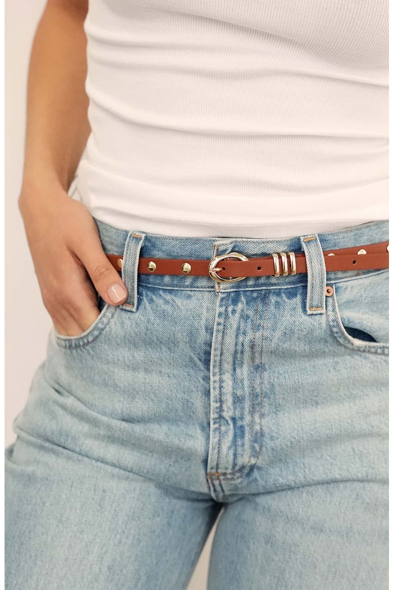 Skinny Studded Leather Belt, Alternate, color, COGNAC