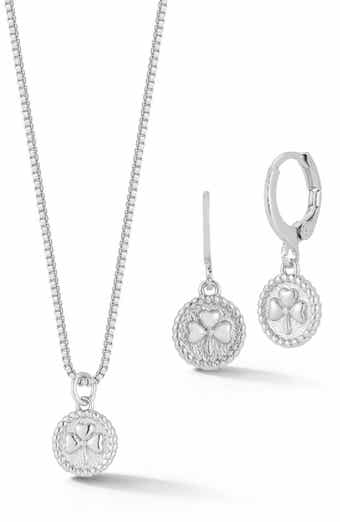 Clover Charm Drop Huggie Hoop Earrings & Necklace Set