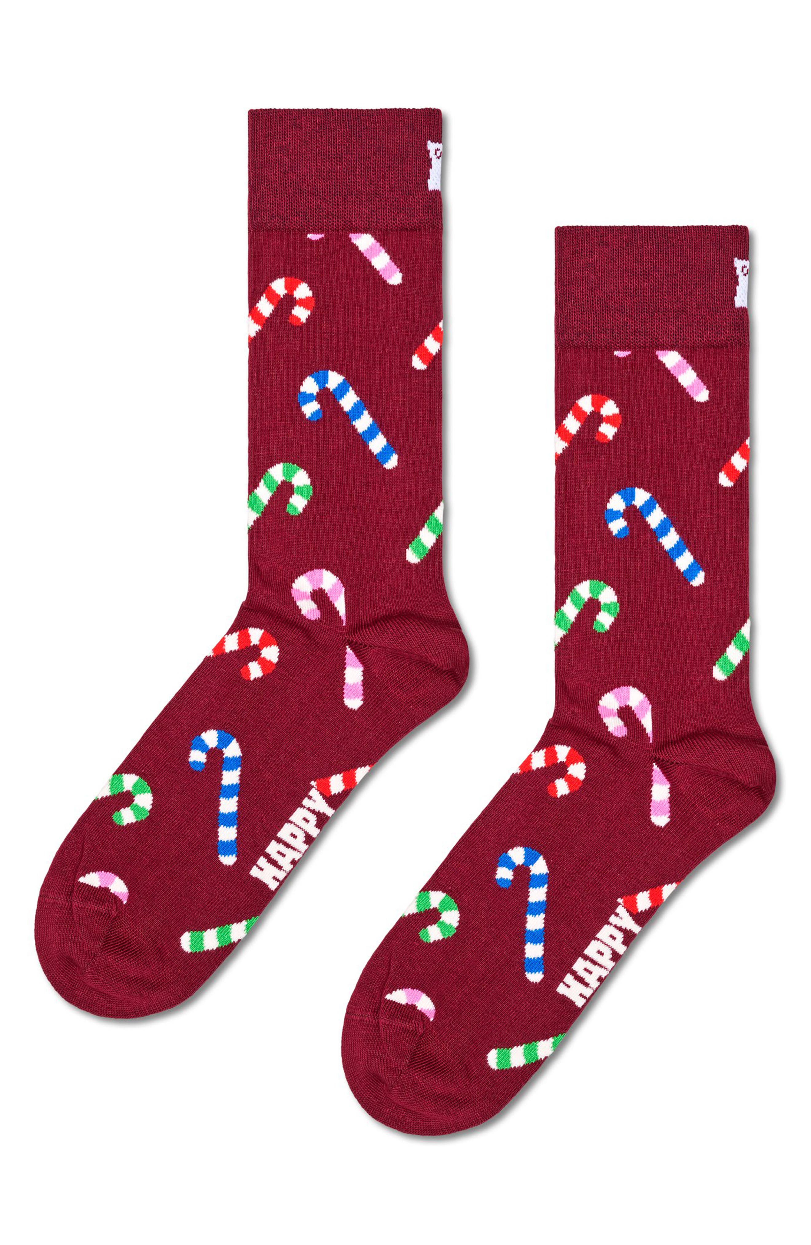 Happy Socks Candy Cane Combed Cotton Blend Crew Socks in Dark Red 
