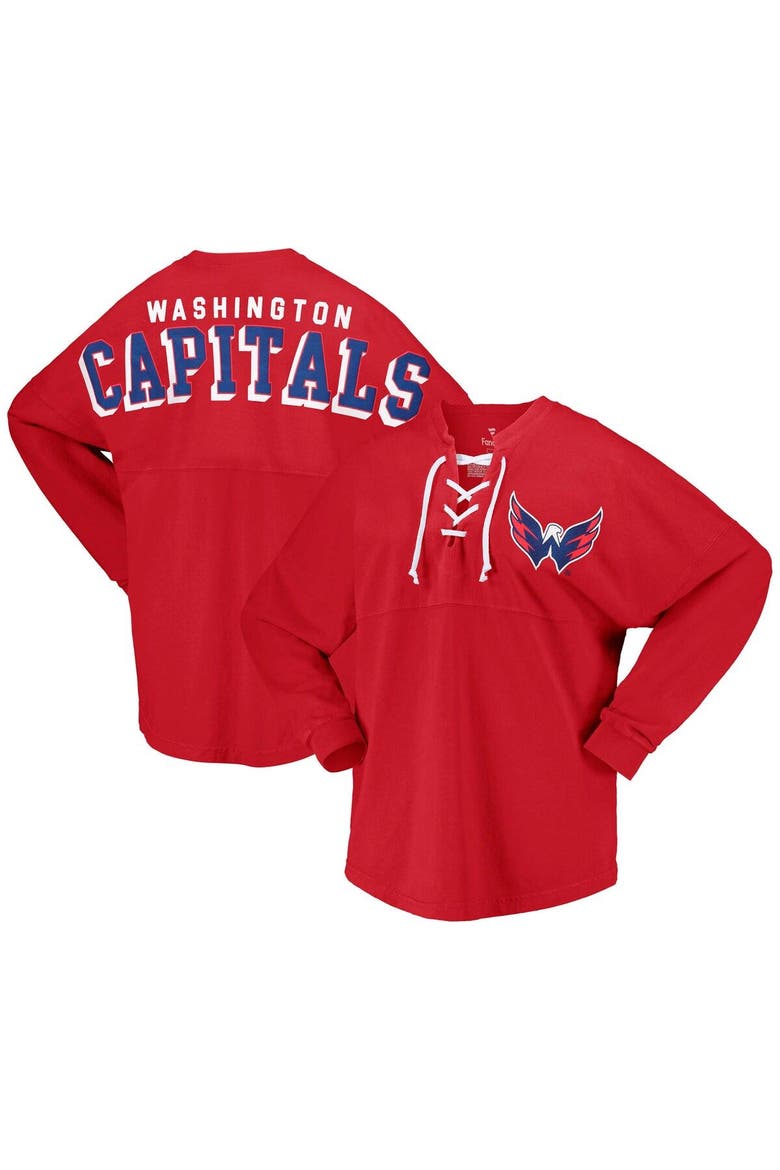 Women's Fanatics Branded Red Washington Capitals Spirit Lace-Up V-Neck Long Sleeve Jersey T-Shirt, Main, color, Red