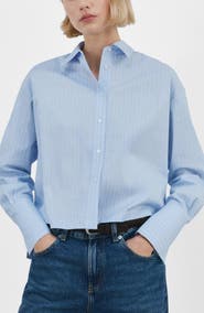 MANGO Rhinestone Detail Stripe Cotton Blend Button-Up Shirt
