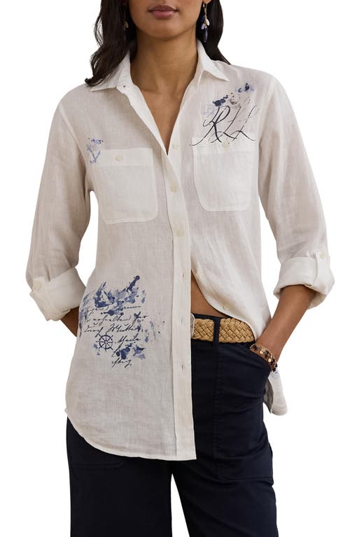 Ralph Lauren 100 Linen Womens Relaxed Fit Print Roll Tab Sleeve Shirt P Xs 3x In White