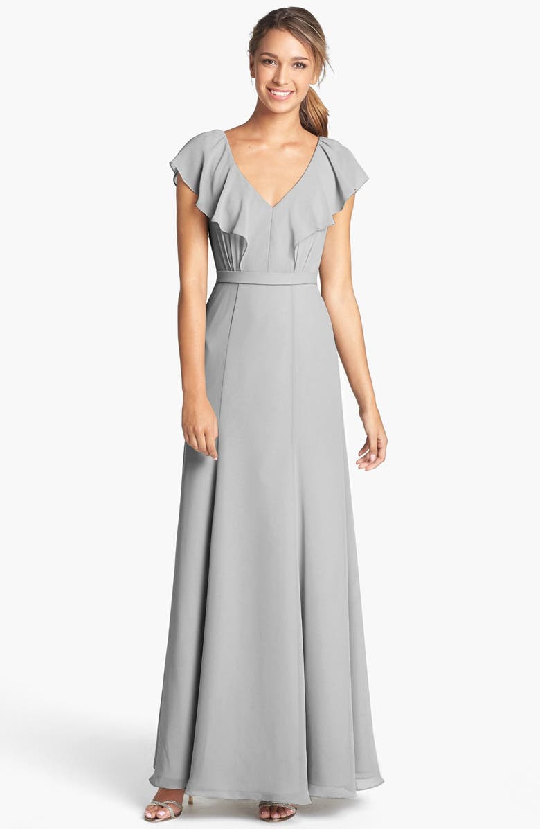 Jenny Yoo Cecilia Ruffled V-Neck Chiffon Long Dress, Main, color,