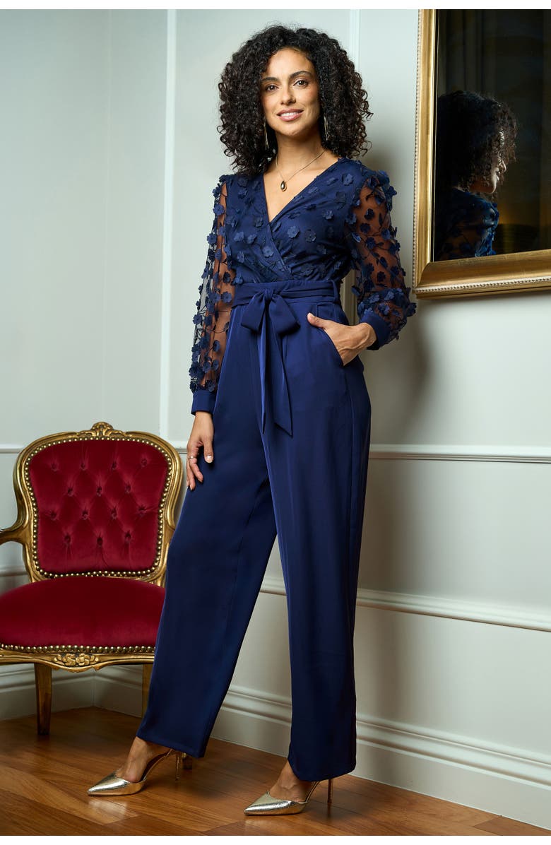 Yumi Sash Waist Floral Applique Wrap Jumpsuit, Alternate, color, Navy