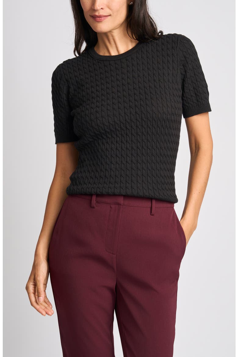 Cable Stitch Short Sleeve Crewneck Sweater, Main, color, RICH BLACK