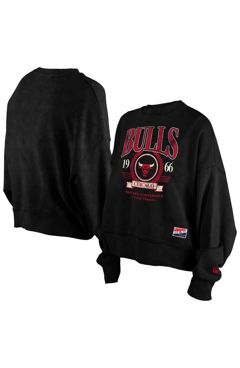 New Era Women's New Era  Black Chicago Bulls Throwback Vintage Enzyme Wash Oversized Boxy Pullover Sweatshirt, Alternate, color, Black