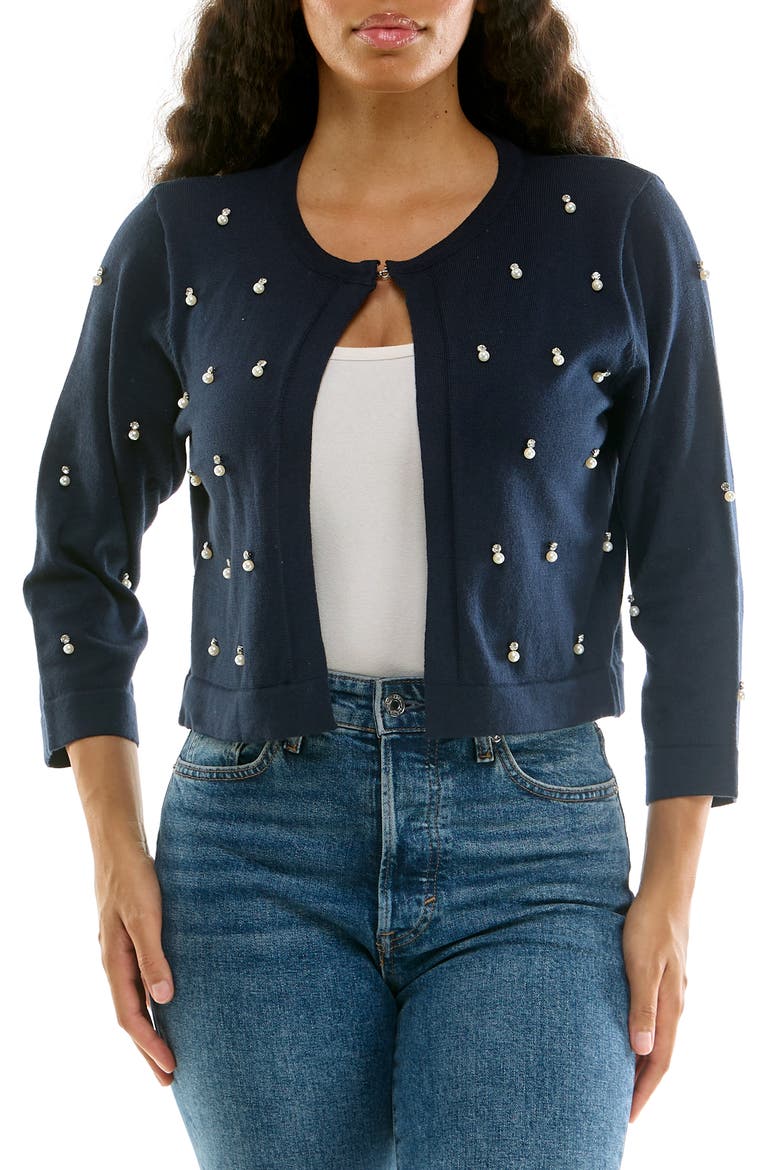 Faux Pearl & Rhinestone Bolero, Main, color, NAVY