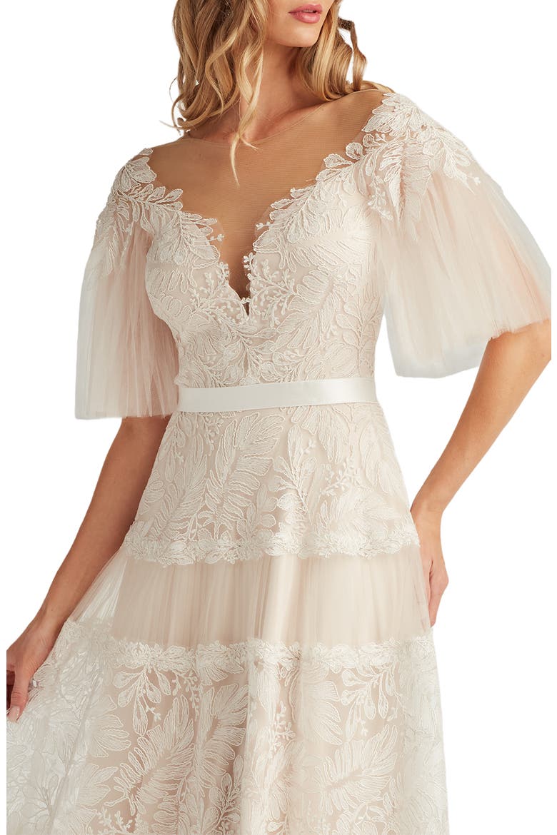 Lace & Mesh Flare Sleeve Midi Dress, Alternate, color, IVORY/ PETAL