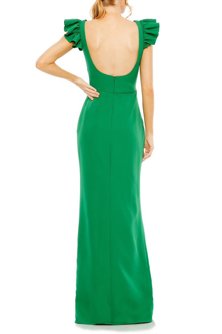 Ruffle Cap Sleeve Open Back Column Gown, Alternate, color, GREEN