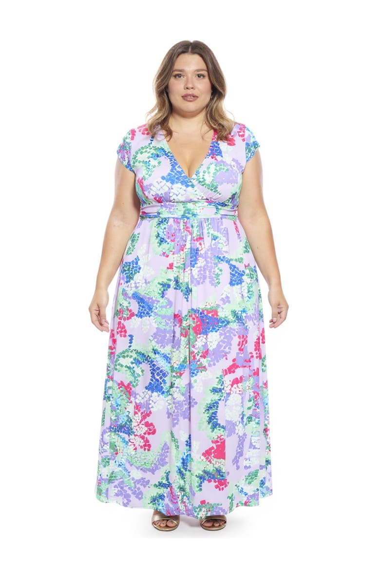 Plus Size Abstract V-Neck Cap Sleeve Side Slit Pocket A-Line Maxi Dress, Main, color, Purple Multi