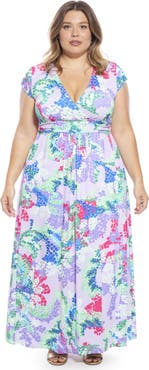 24seven Comfort Apparel Plus Size Abstract V-Neck Cap Sleeve Side Slit Pocket A-Line Maxi Dress