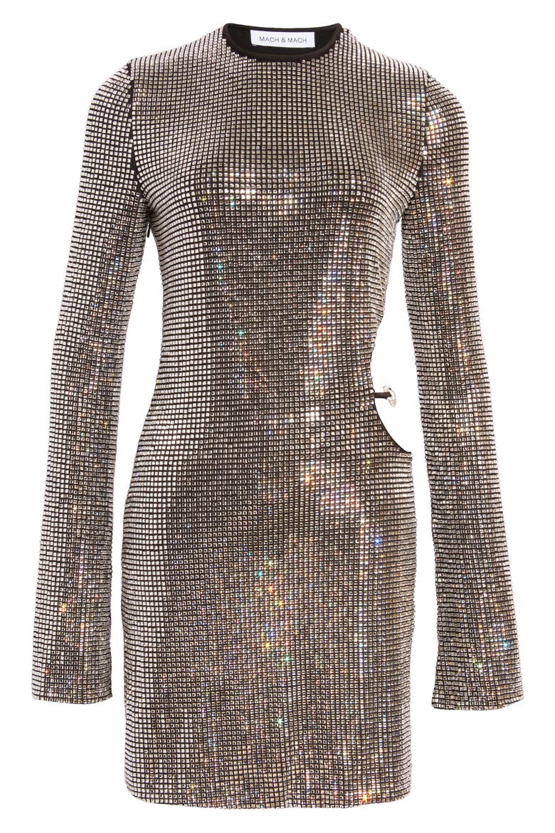 Cutout Long Sleeve Crystal Mesh Minidress, Alternate, color, SILVER