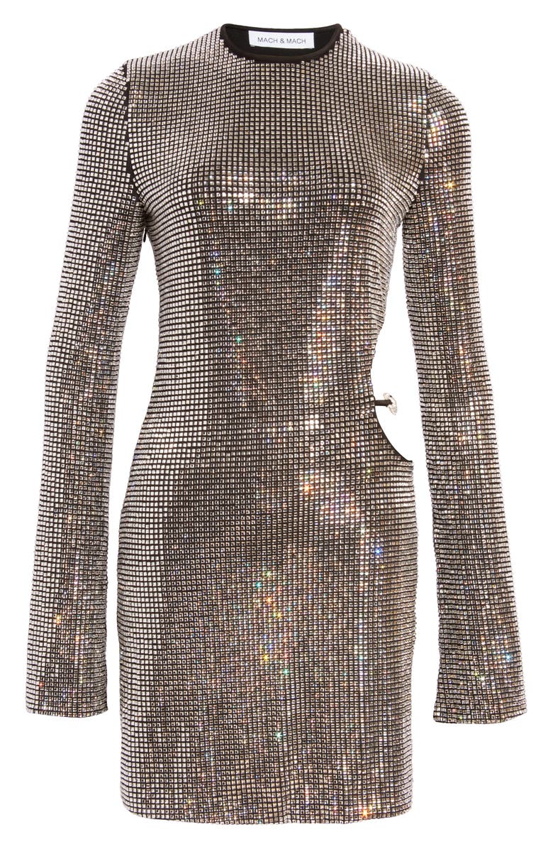 Mach & Mach Cutout Long Sleeve Crystal Mesh Minidress, Alternate, color,