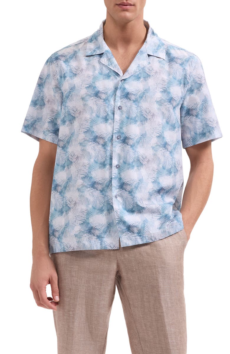 Bugatchi Jackson Palm Leaf Print Camp Shirt, Main, color, Teal