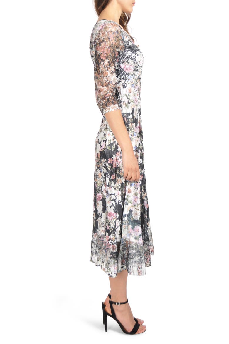 Lace Sleeve Charmeuse Midi Dress, Alternate, color, BLOOMING VINE
