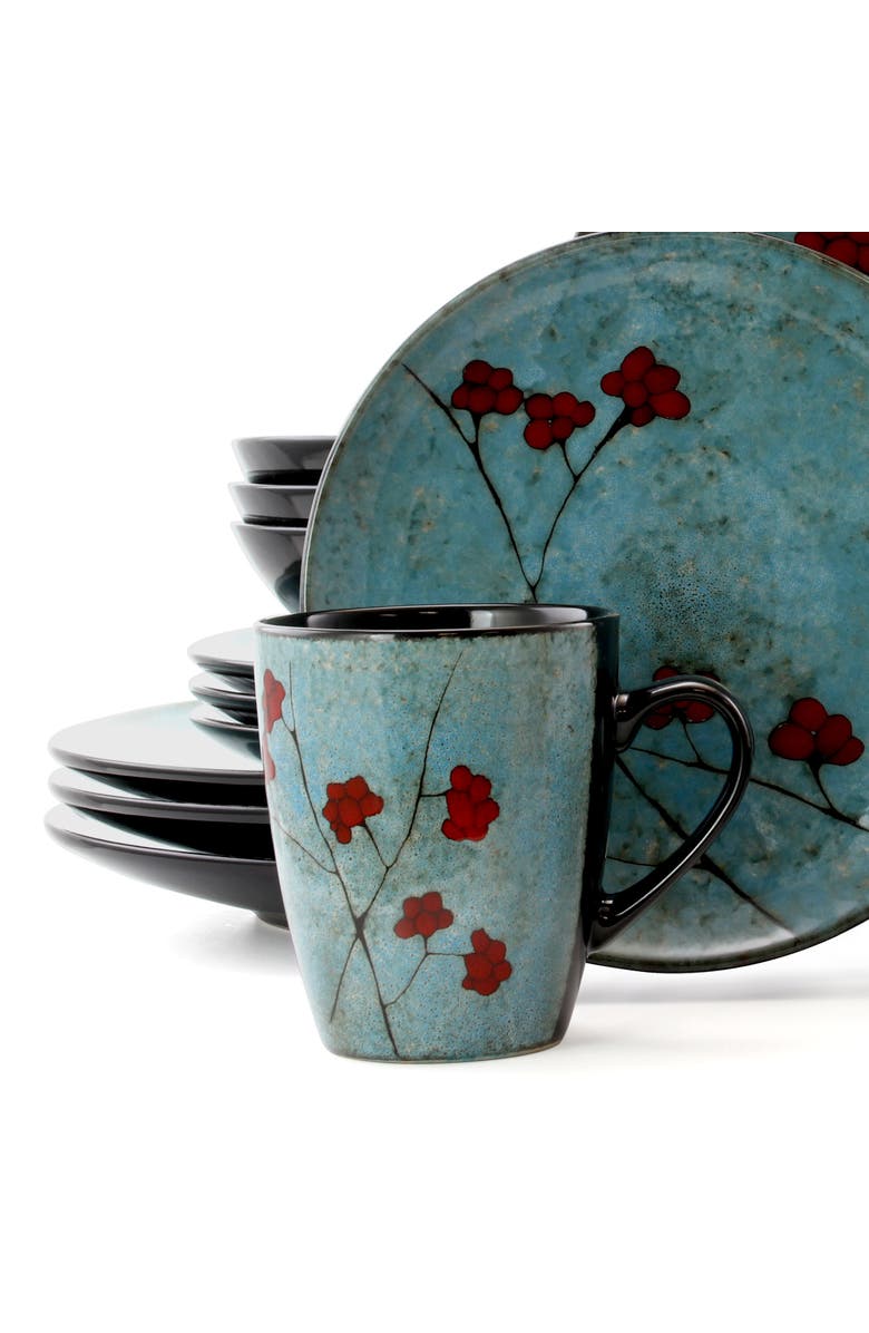 Elama Floral Accents 16 Piece Dinnerware Set, Alternate, color, Blue