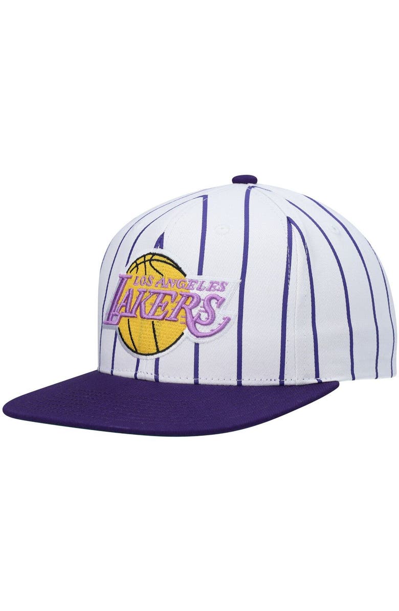 Mitchell & Ness Men's Mitchell & Ness White Los Angeles Lakers Hardwood Classics Pinstripe Snapback Hat, Main, color, 