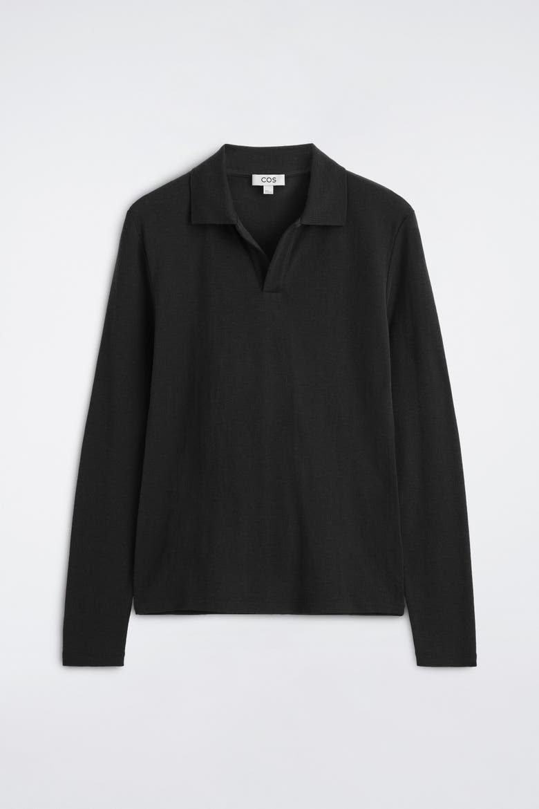 Slim Wool-Jersey Open-Collar Polo Shirt, Alternate, color, BLACK