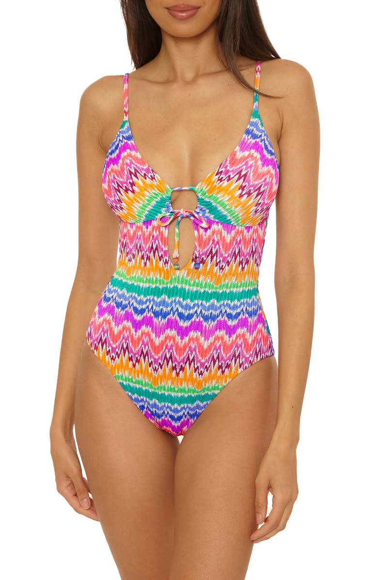 Becca Rio Metallic One-Piece Swimsuit, Main, color, Pink Multi