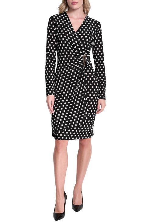 Faux Wrap Drape Long Sleeve Sheath Dress