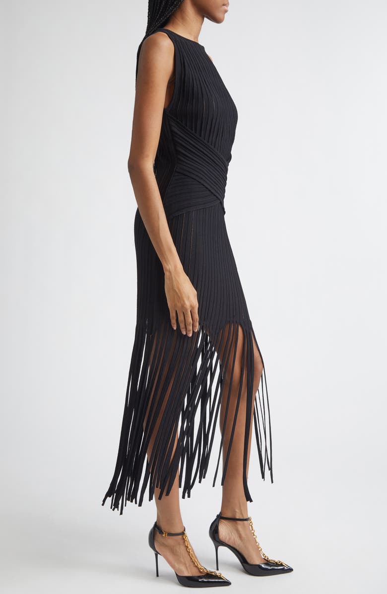 Balmain Fringed Pointelle Rib Sweater Dress, Alternate, color, 0Pa Black