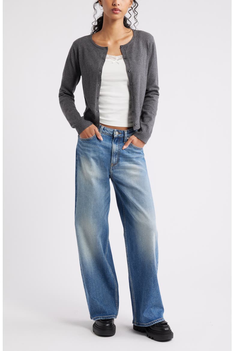Crewneck Cotton Blend Cardigan, Alternate, color, GREY MED CHARCOAL HEATHER