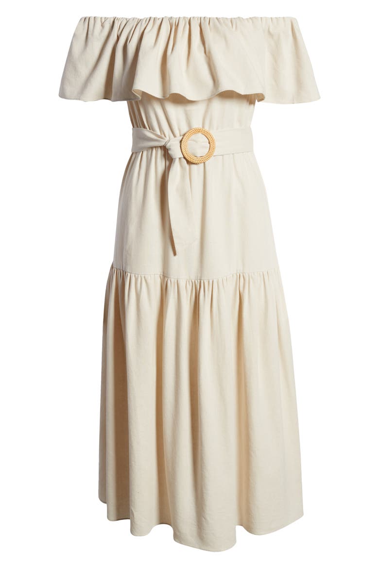 Belted Off the Shoulder Midi Dress, Alternate, color, BEIGE