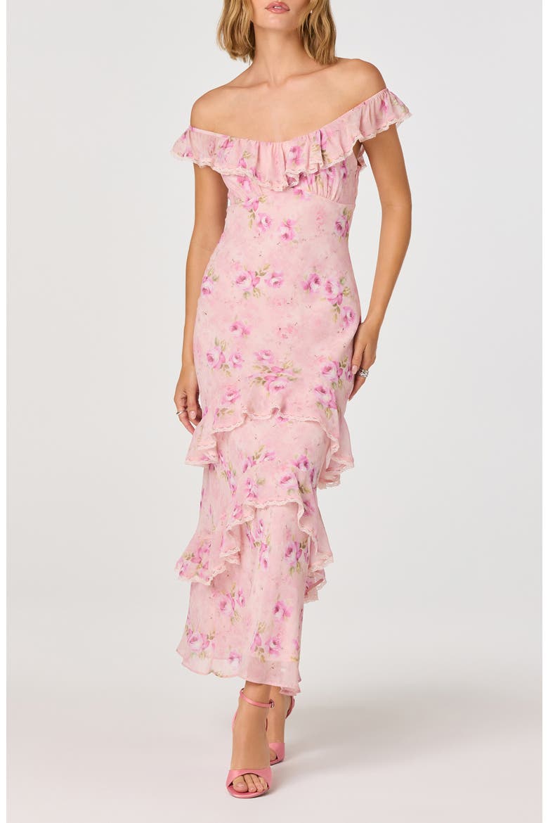 Laisha Floral Ruffle Trim Midi Dress, Alternate, color, PINK FLORAL