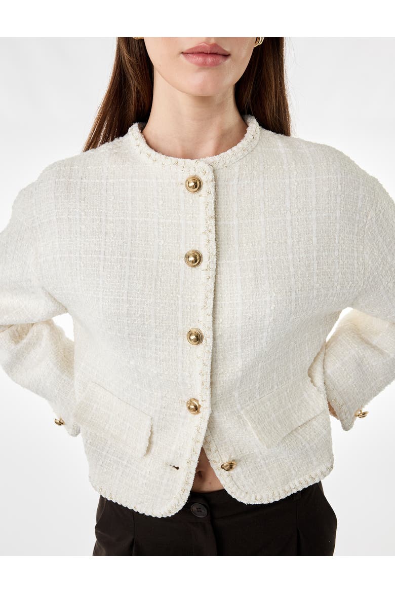 Crew Neck Long Sleeve Tweed Jacket With Jeweled Buttons, Alternate, color, ECRU