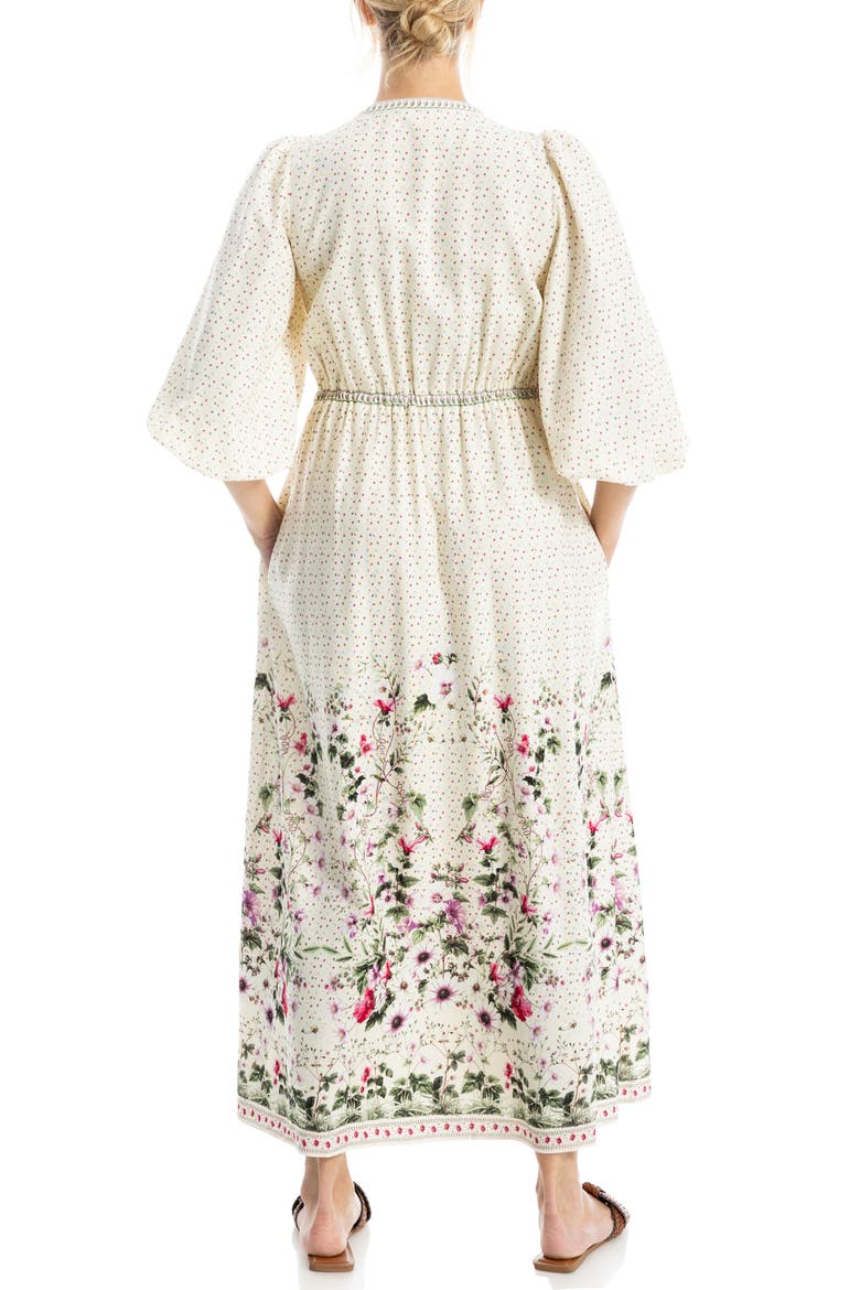 Puff Sleeve Plunge Neck Midi Dress, Alternate, color, CREAM/ PINK WILD MEADOWS