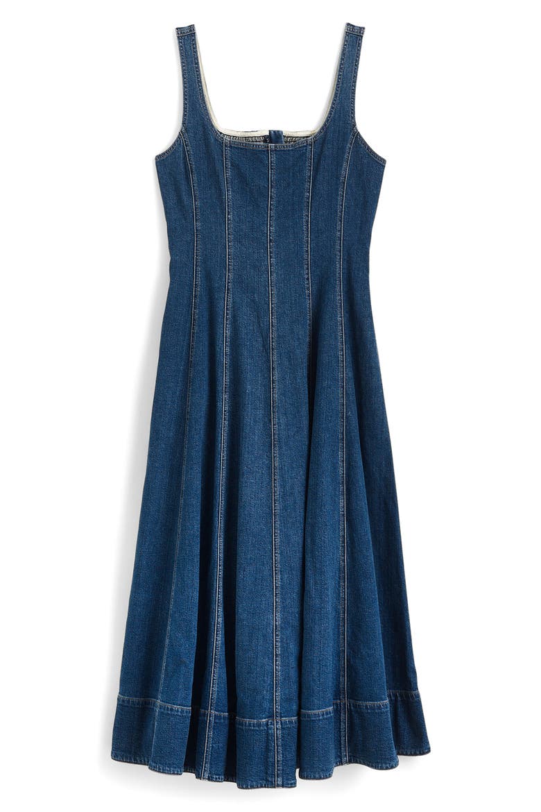 Seamed Denim Flare Midi Dress, Alternate, color, CROSWELL WASH