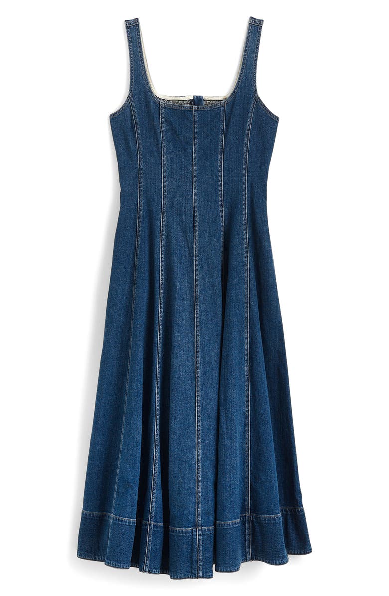 Madewell Seamed Denim Flare Midi Dress, Alternate, color, Croswell Wash