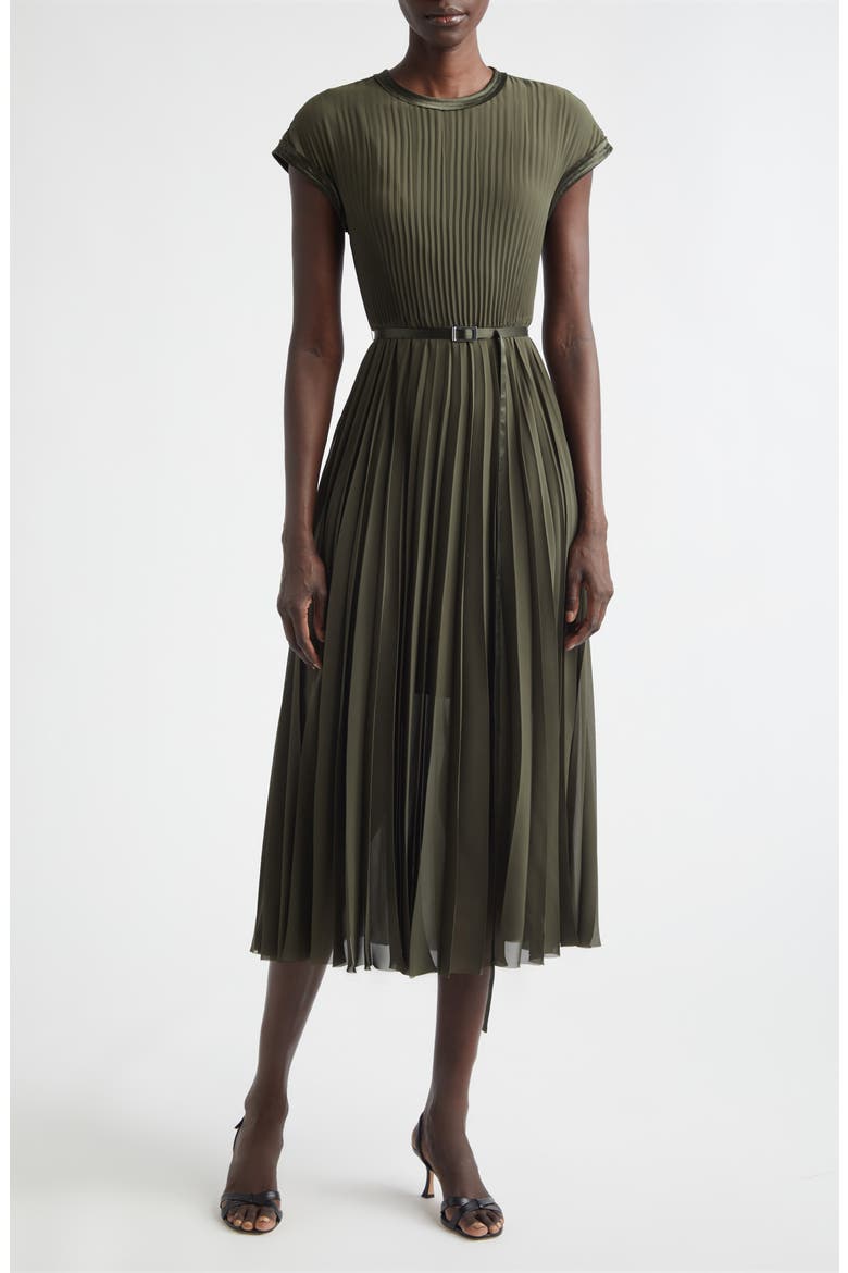 Pleated Chiffon Midi Dress, Main, color, HUNTER GREEN
