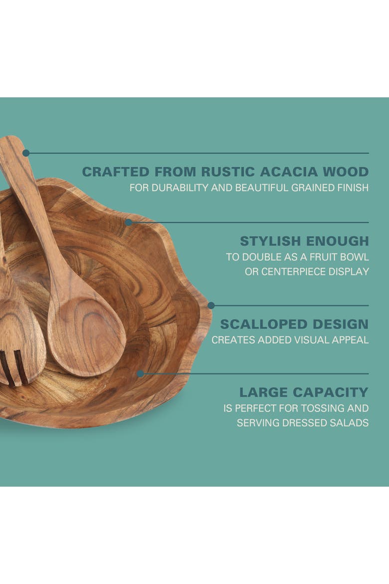 Sandhurst 3-Piece Scalloped Acacia Wood Salad Bowl Set, Alternate, color, Natural