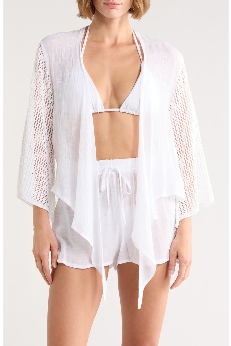 Tie Front Bell Sleeve Cover-Up Top, Main, color, WHITE