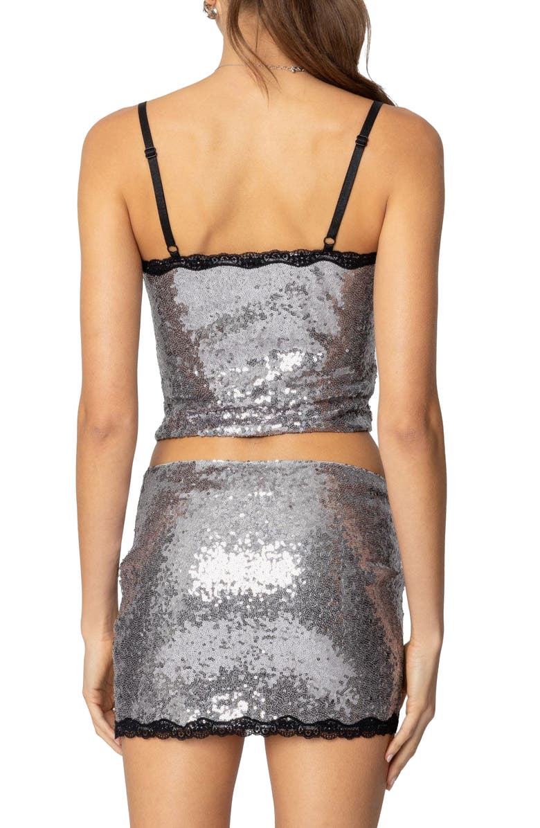 EDIKTED Revel Sequin Lace Trim Camisole, Alternate, color, Silver