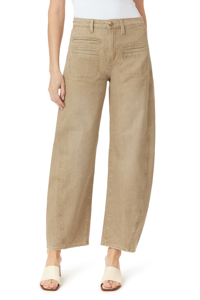 Evie High Front Patch Ankle Barrel Leg Jeans, Main, color, BROWN RICE