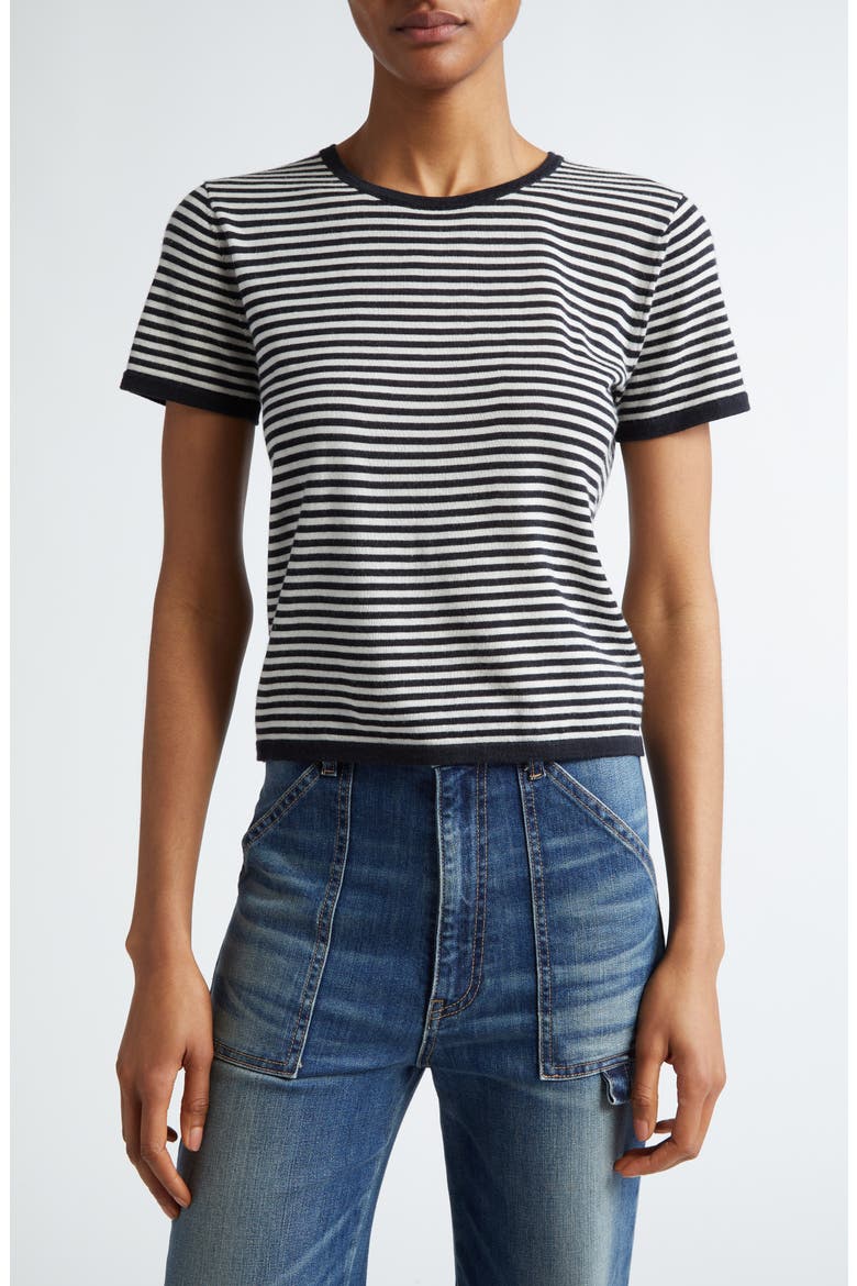Nadette Stripe Short Sleeve Merino Wool & Silk Sweater, Main, color, MIDNIGHT/ IVORY STRIPE