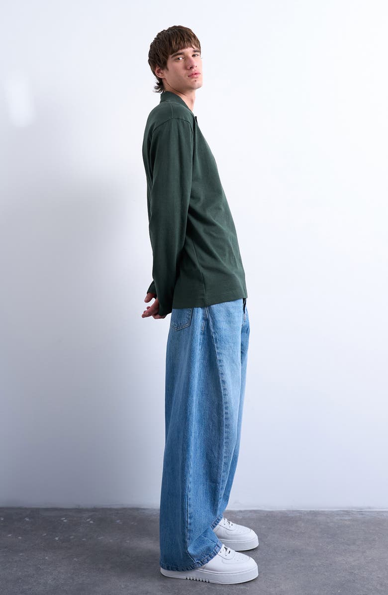 Topman Textured Long Sleeve Polo, Alternate, color, Dark Green