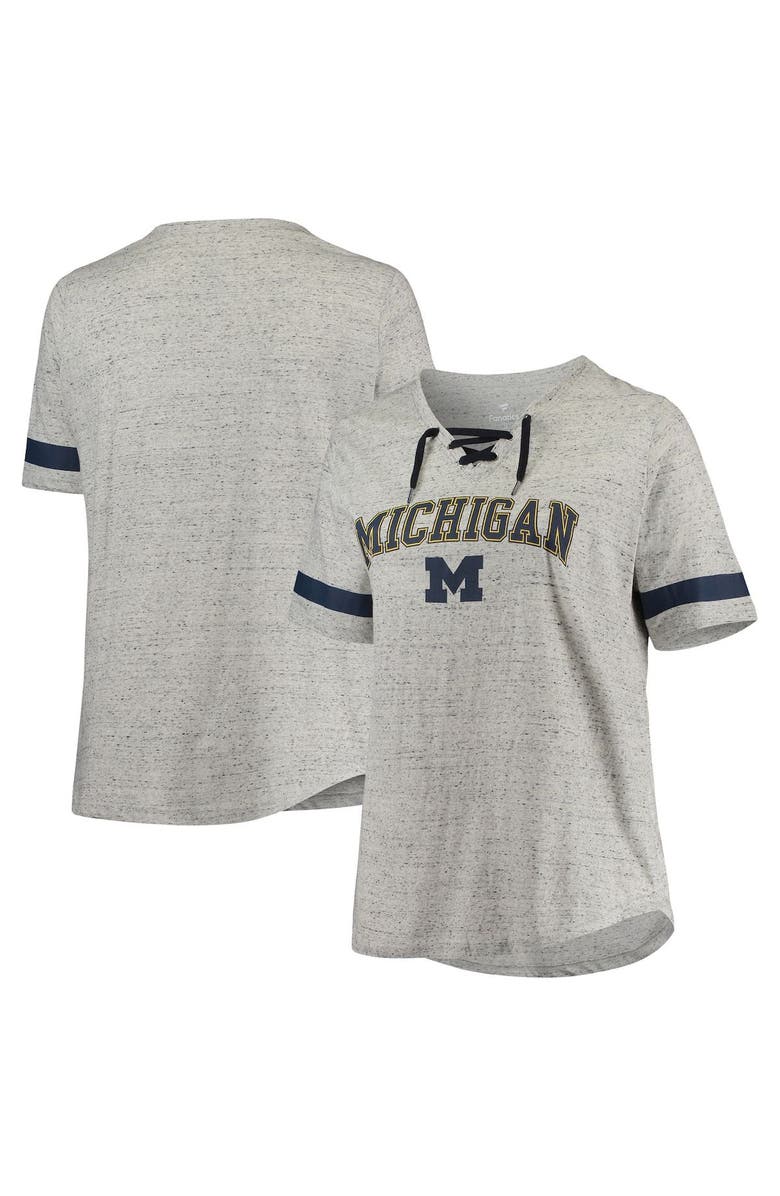 PROFILE Women's Heathered Gray/Navy Michigan Wolverines Plus Size Lace-Up V-Neck T-Shirt, Main, color,