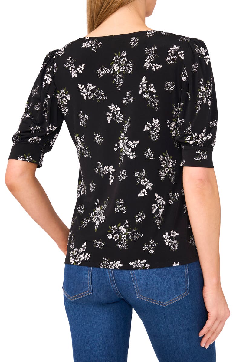 CeCe Floral Print Puff Shoulder Top, Alternate, color, Rich Black