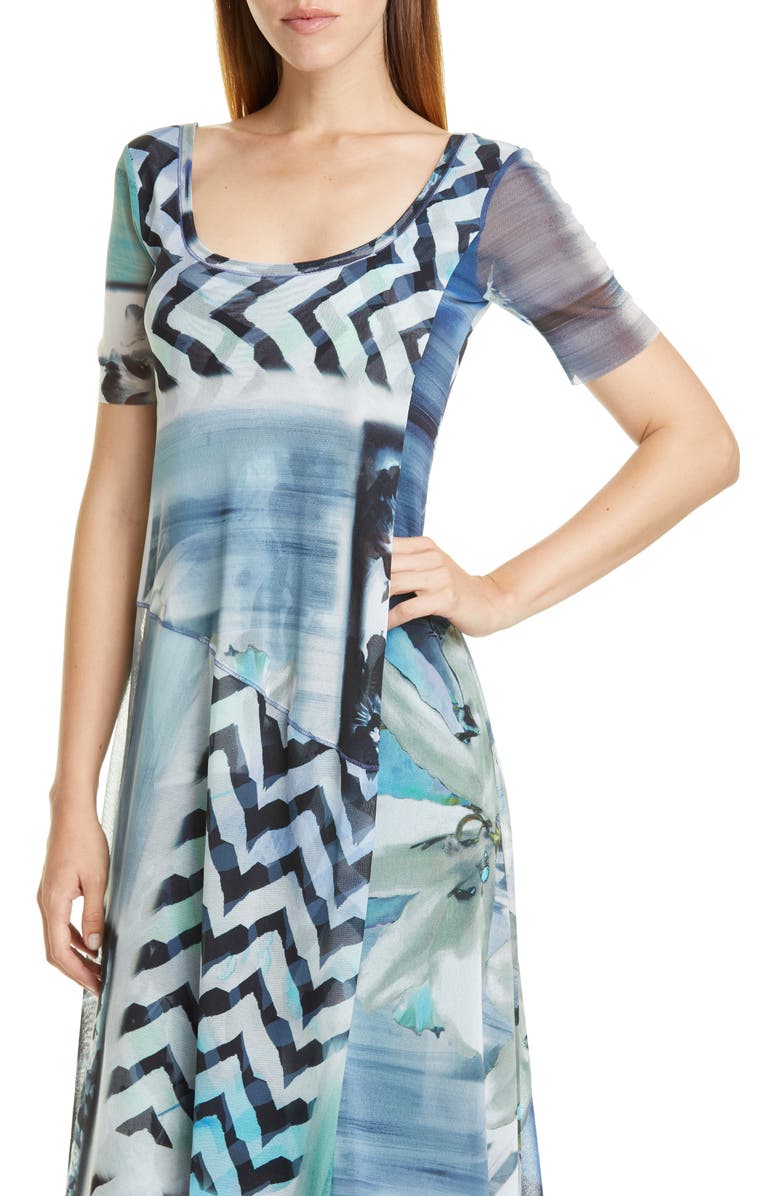 Fuzzi Floral & Chevron Print Asymmetrical Maxi Dress, Alternate, color, 