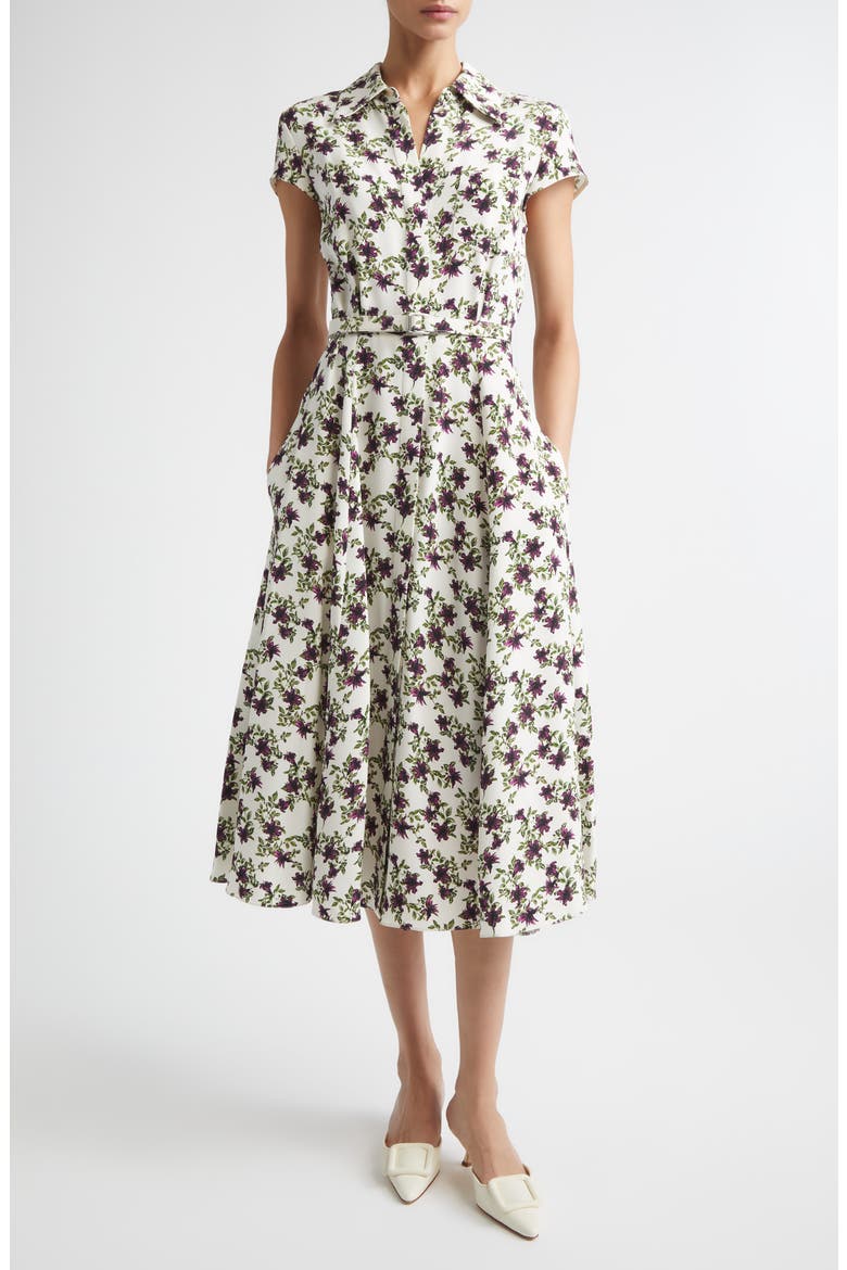 Isabeli Print Silk Crepe Midi Dress, Main, color, LILLIES PURPLE/ OLIVE ON IVOR