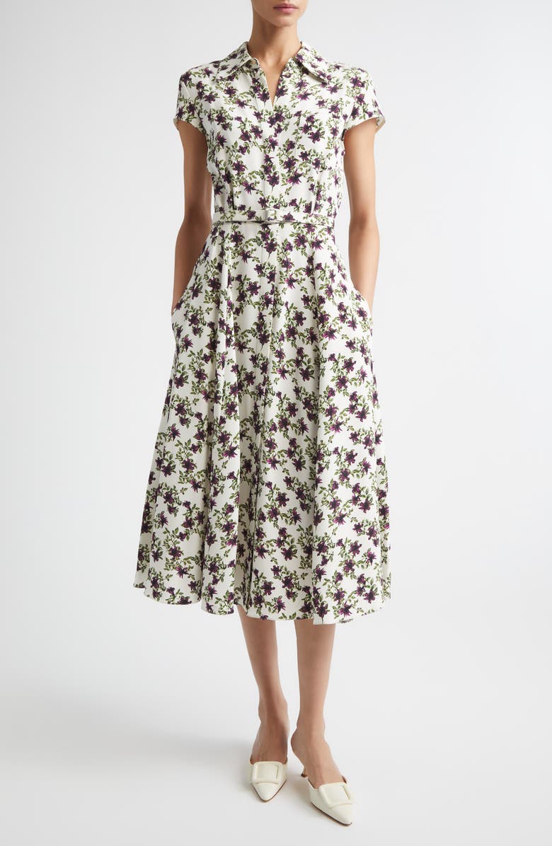 Emilia Wickstead Isabeli Print Silk Crepe Midi Dress, Main, color, Lillies Purple/ Olive On Ivor