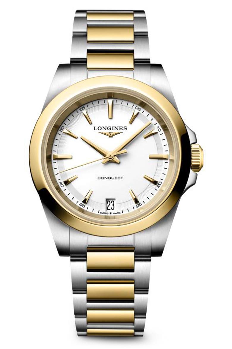 Conquest Two Tone Bracelet Watch, 34mm, Main, color, WHITE